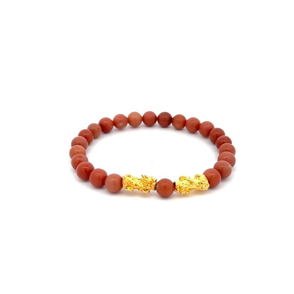 18K Gold Dragon Pixiu Double Piyao Lucky Charm Bracelet Gemstone Indian Red Jade